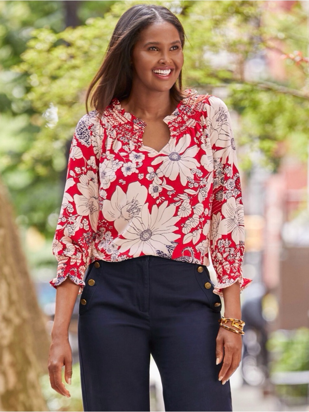 Talbots Red, White & Blue Floral Smocked Top - 3X - Picture 3 of 7